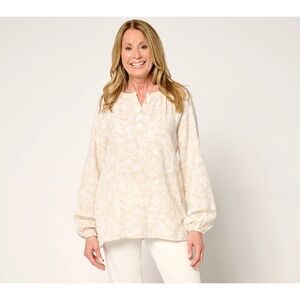 Belle by Kim Gravel Beach 100% Cotton Gauze Henley Top with Ladder Lace, L #48#